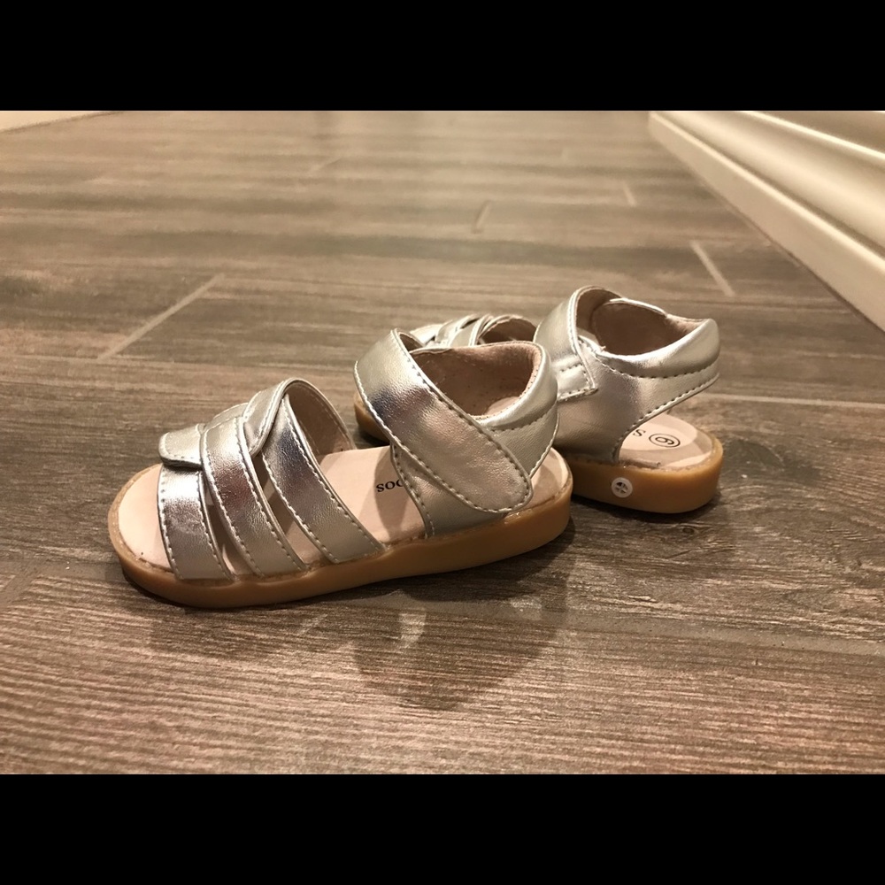 Sneak-a-Roos toddler silver sandal shoes.